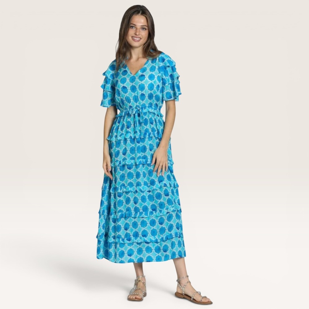 APNY Blue Geometric Maxi Dress Tiered Cupro Flutter Sleeve Boho Resort Size S